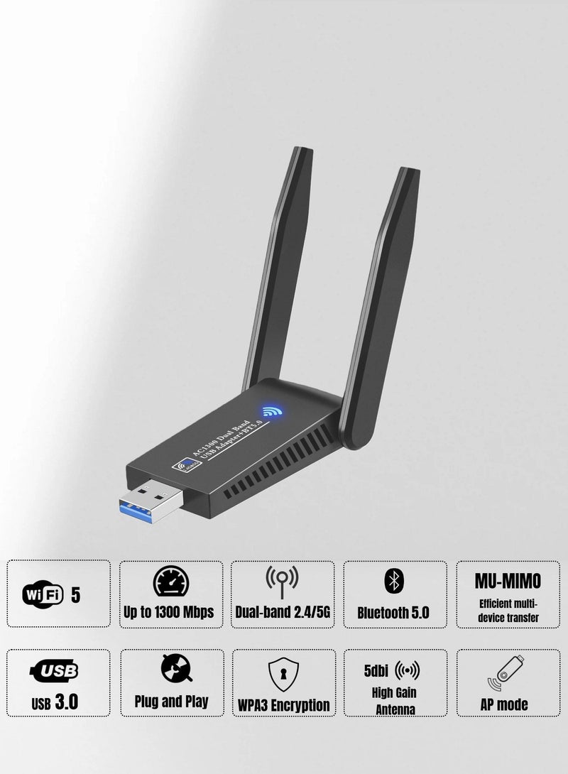  أورا سيليكت محول USB WiFi Bluetooth - مستقبل شبكة لاسلكية خارجي مزدوج النطاق 2.4 جيجاهرتز/5 جيجاهرتز بسرعة 1300 ميجابت في الثانية، USB 3.0، Bluetooth 5.0، للكمبيوتر الشخصي/الكمبيوتر المكتبي/الكمبيوتر المحمول، متوافق مع Windows 11/10/8/7 - Image 2